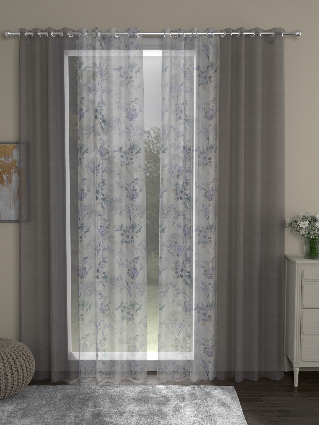 

ROSARA HOME Grey & White Set of 4 Floral Sheer Long Door Curtain