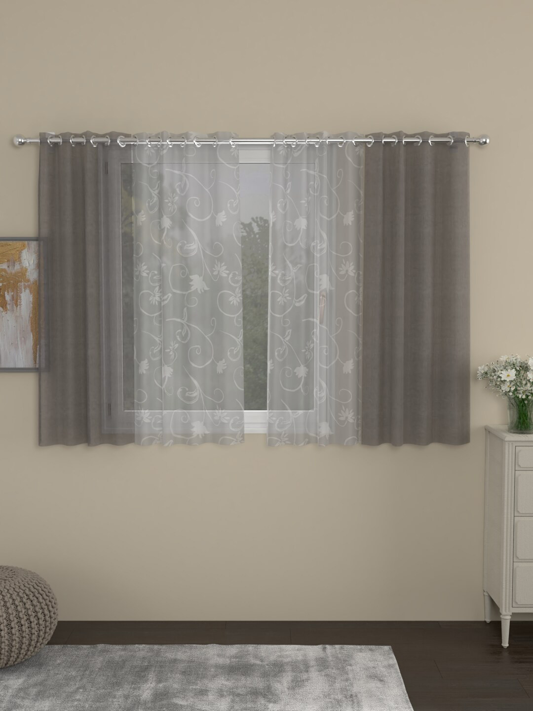 

ROSARA HOME Grey & White Set of 4 Floral Sheer Window Curtain