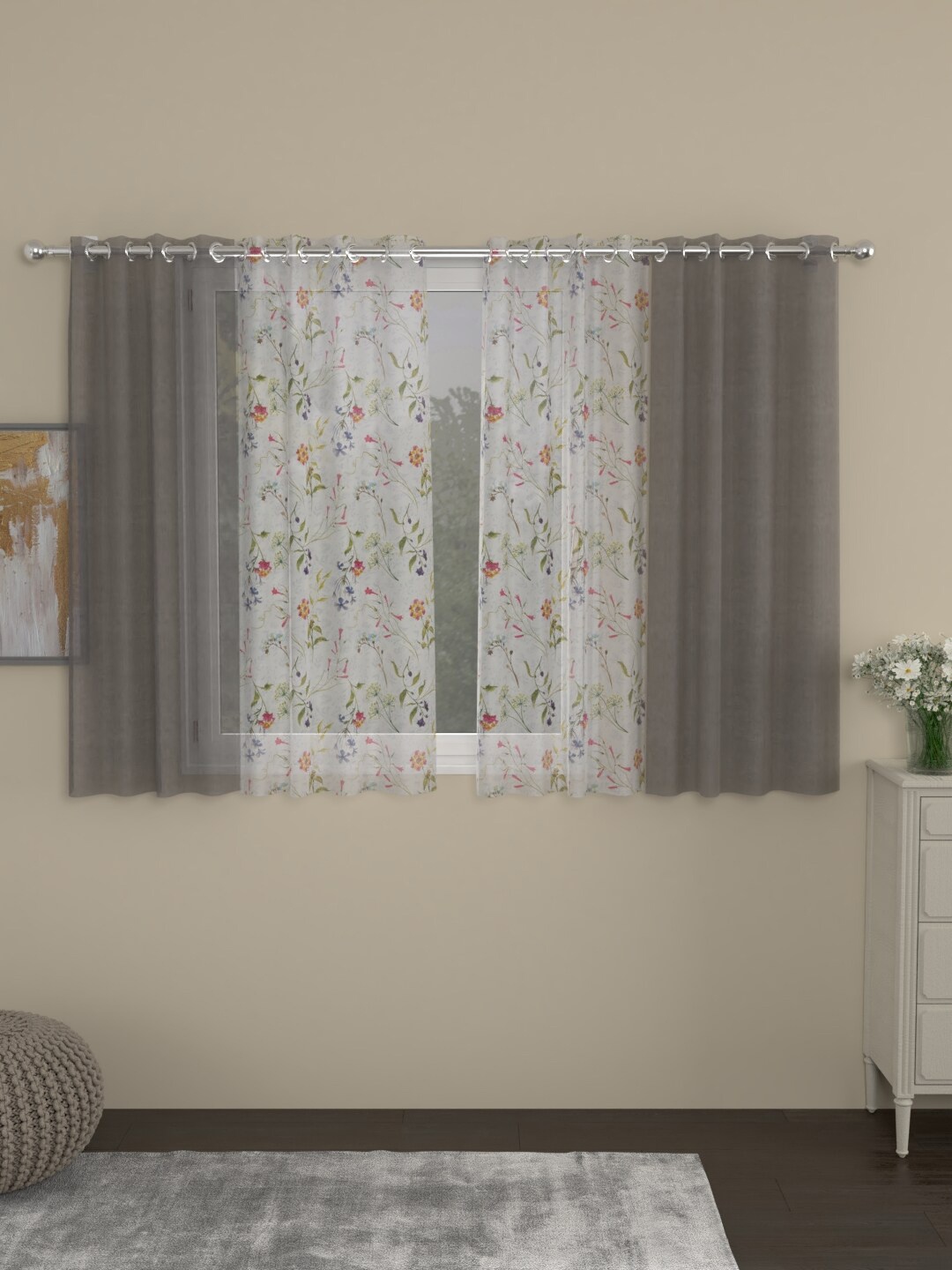 

ROSARA HOME Grey & White Set of 4 Solid & Floral Sheer Window Curtains