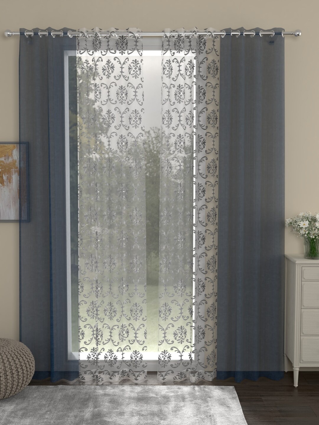 

ROSARA HOME Set of 4 Navy Blue & White Embroidered Sheer Door Curtain