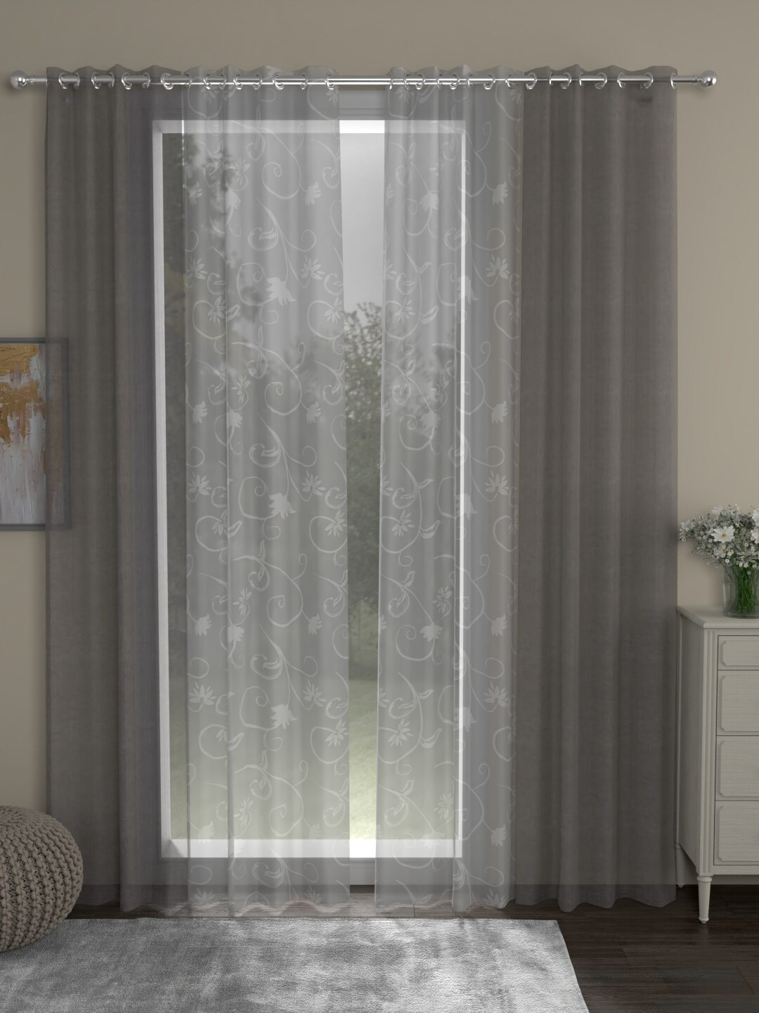 

ROSARA HOME Grey & White Floral Pack of 4 Sheer Door Curtains