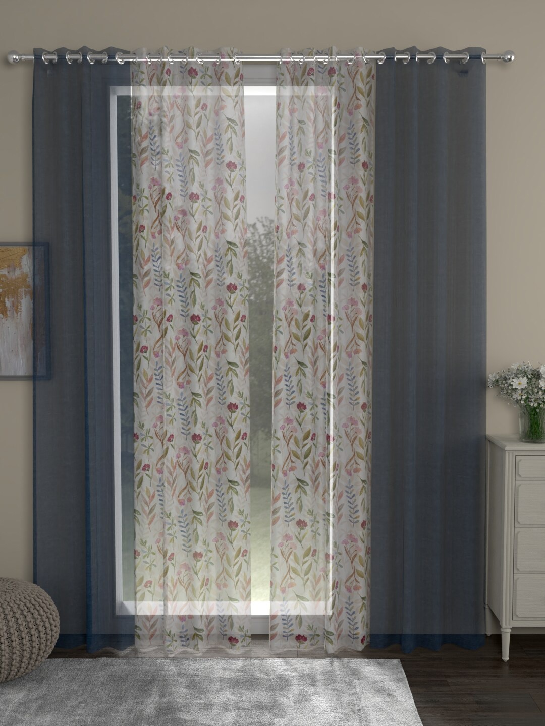 

ROSARA HOME Pack Of 4 Navy Blue & White Floral Sheer Long Door Curtains