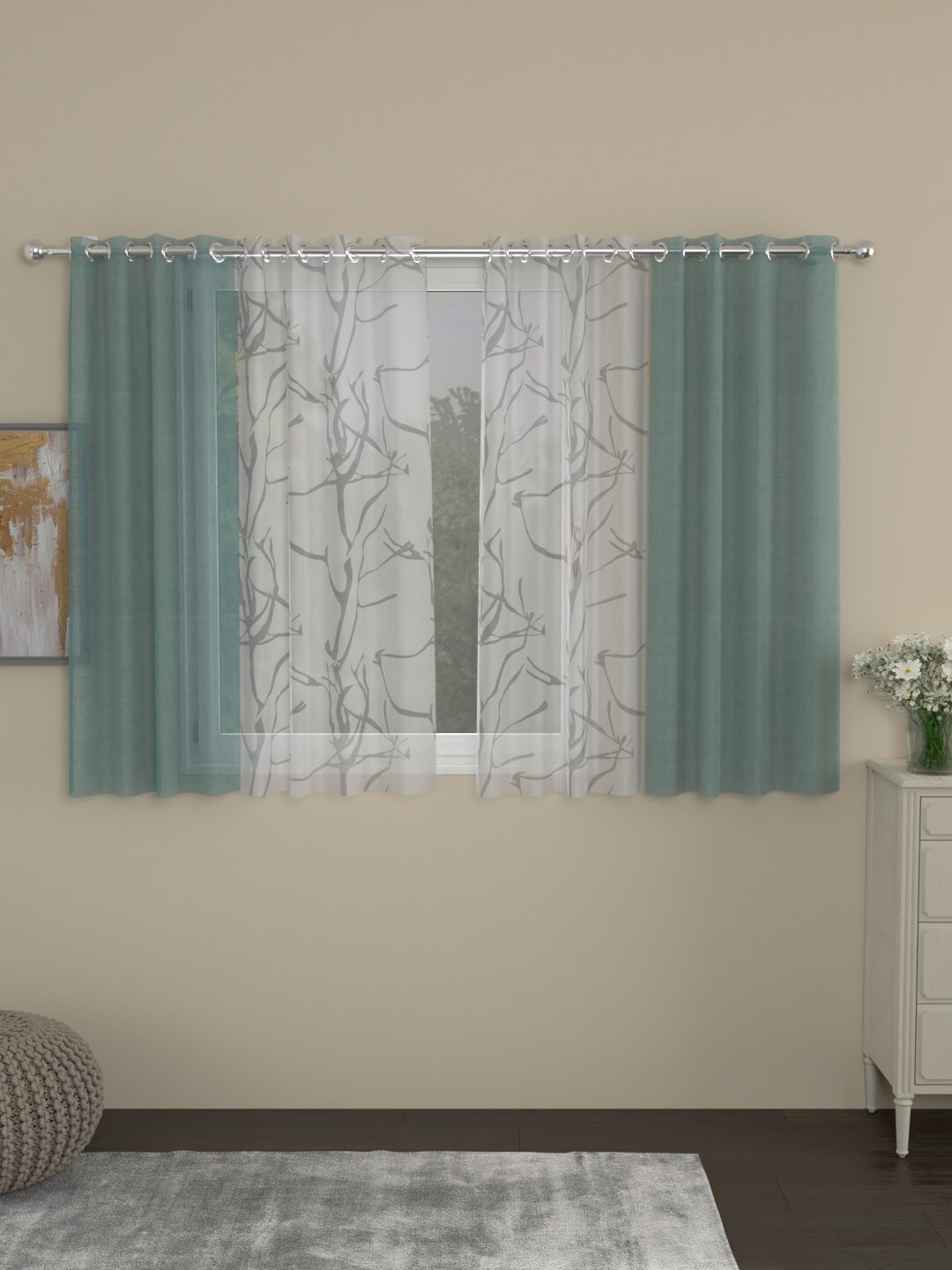 

ROSARA HOME Turquoise Blue & Grey Set of 4 Sheer Window Curtain