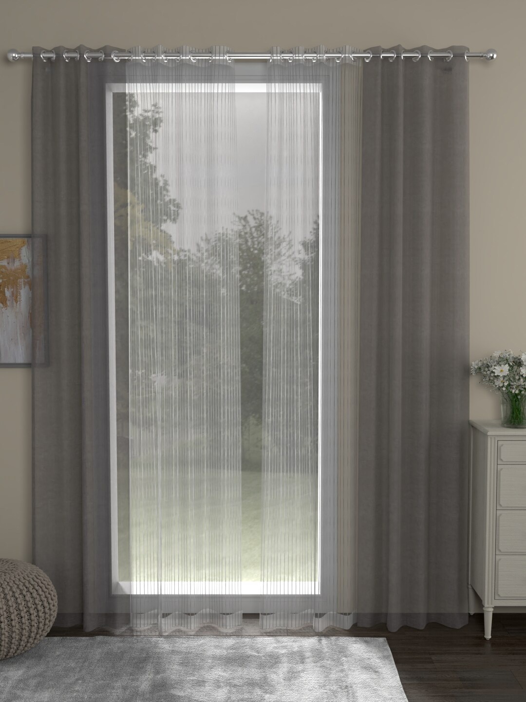 

ROSARA HOME Grey & White Set of 4 Striped Sheer Door Curtain