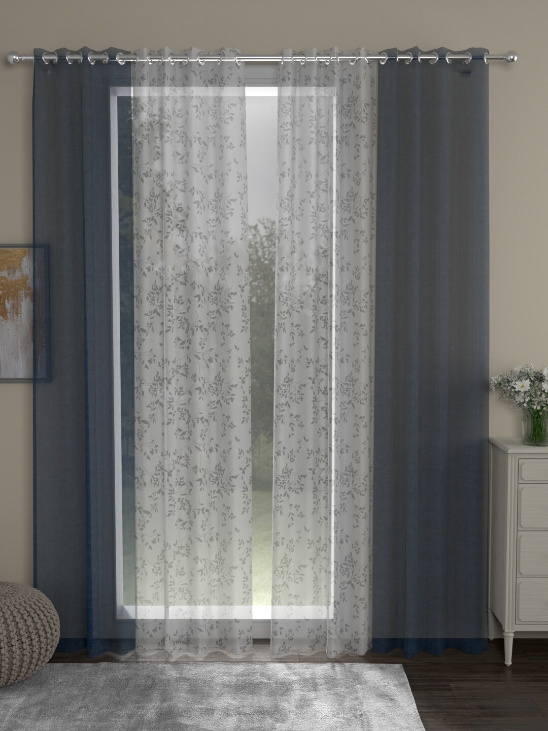

ROSARA HOME Navy Blue & White Floral Pack of 4 Sheer Door Curtains
