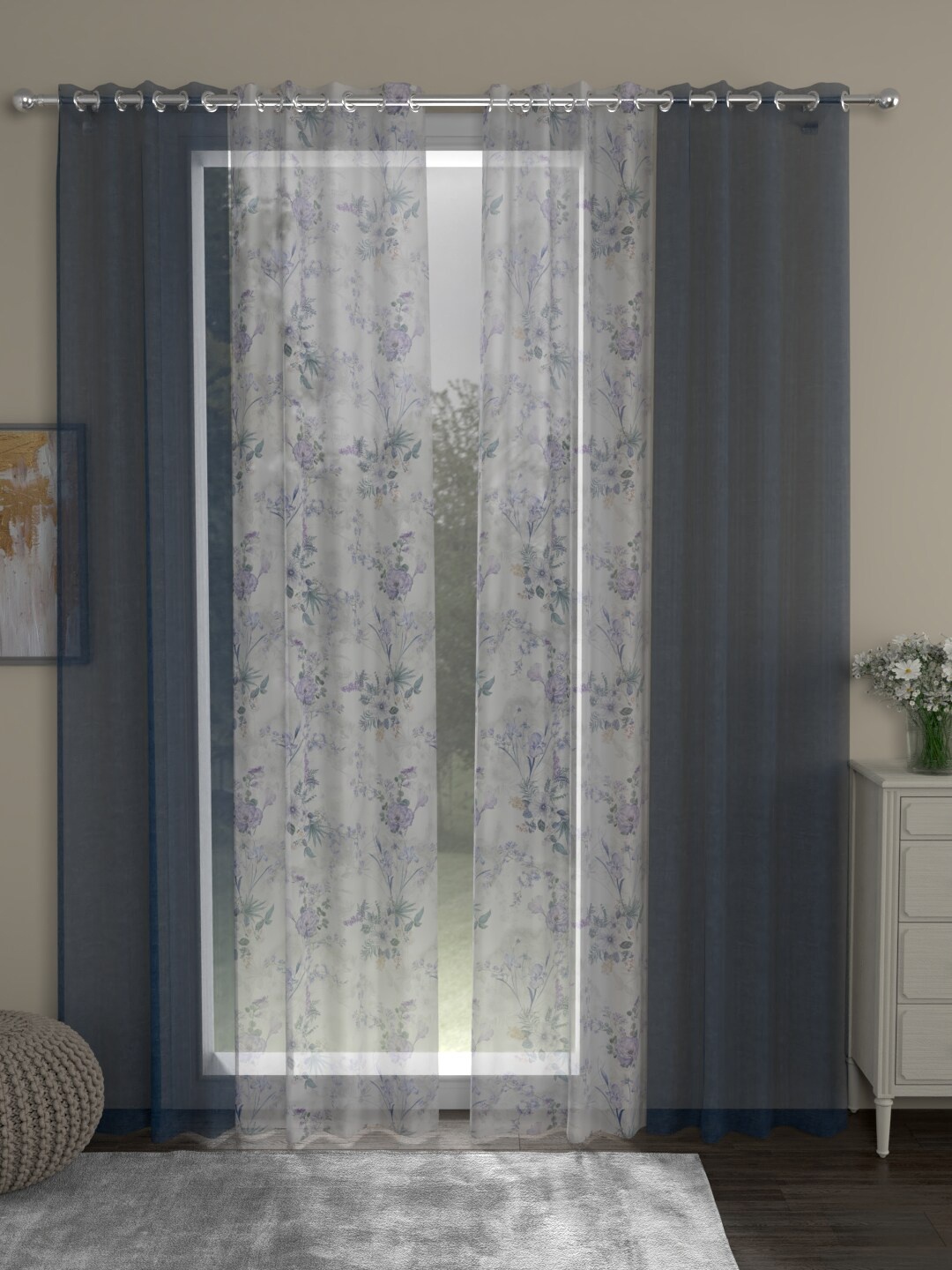 

ROSARA HOME Set Of 4 Navy Blue & Grey Floral Sheer Long Door Curtain