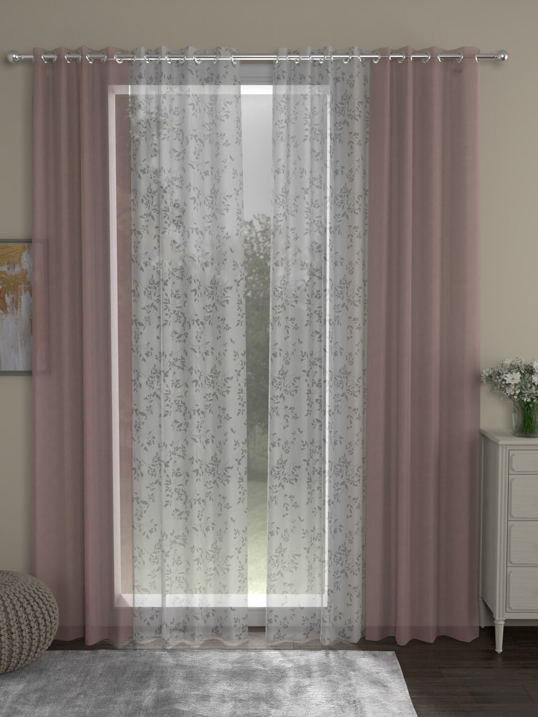 

ROSARA HOME Pink & White Set of 4 Solid & Floral Sheer Long Door Curtains