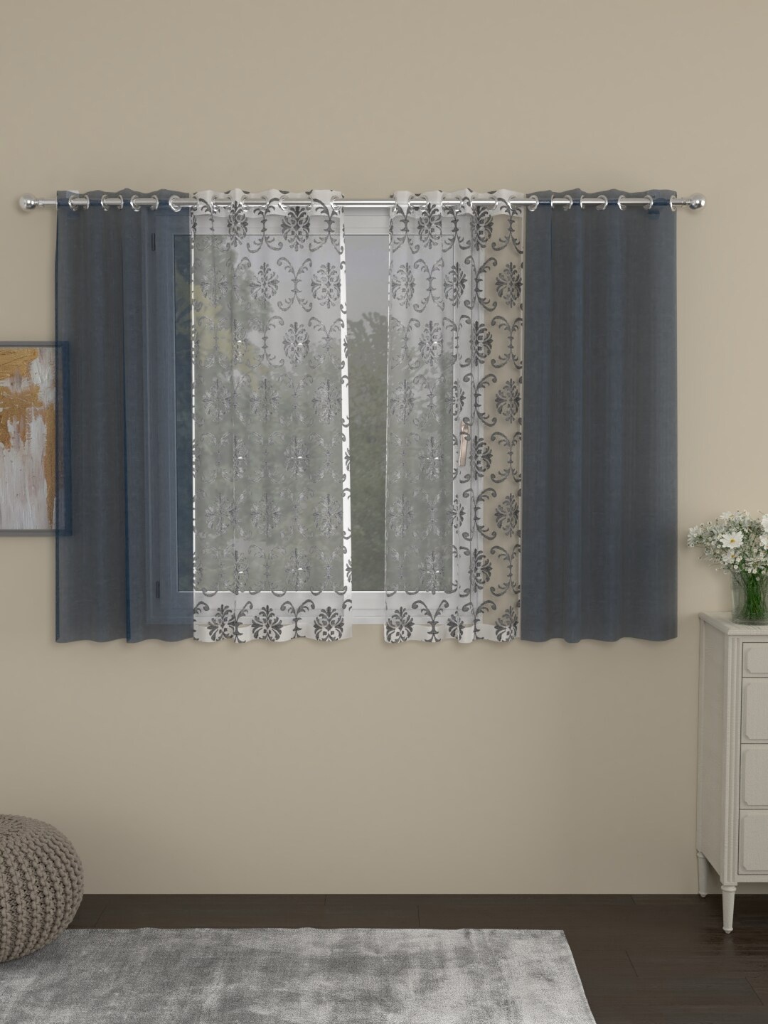 

ROSARA HOME Navy Blue & Grey Set of 4 Embroidered Sheer Window Curtain