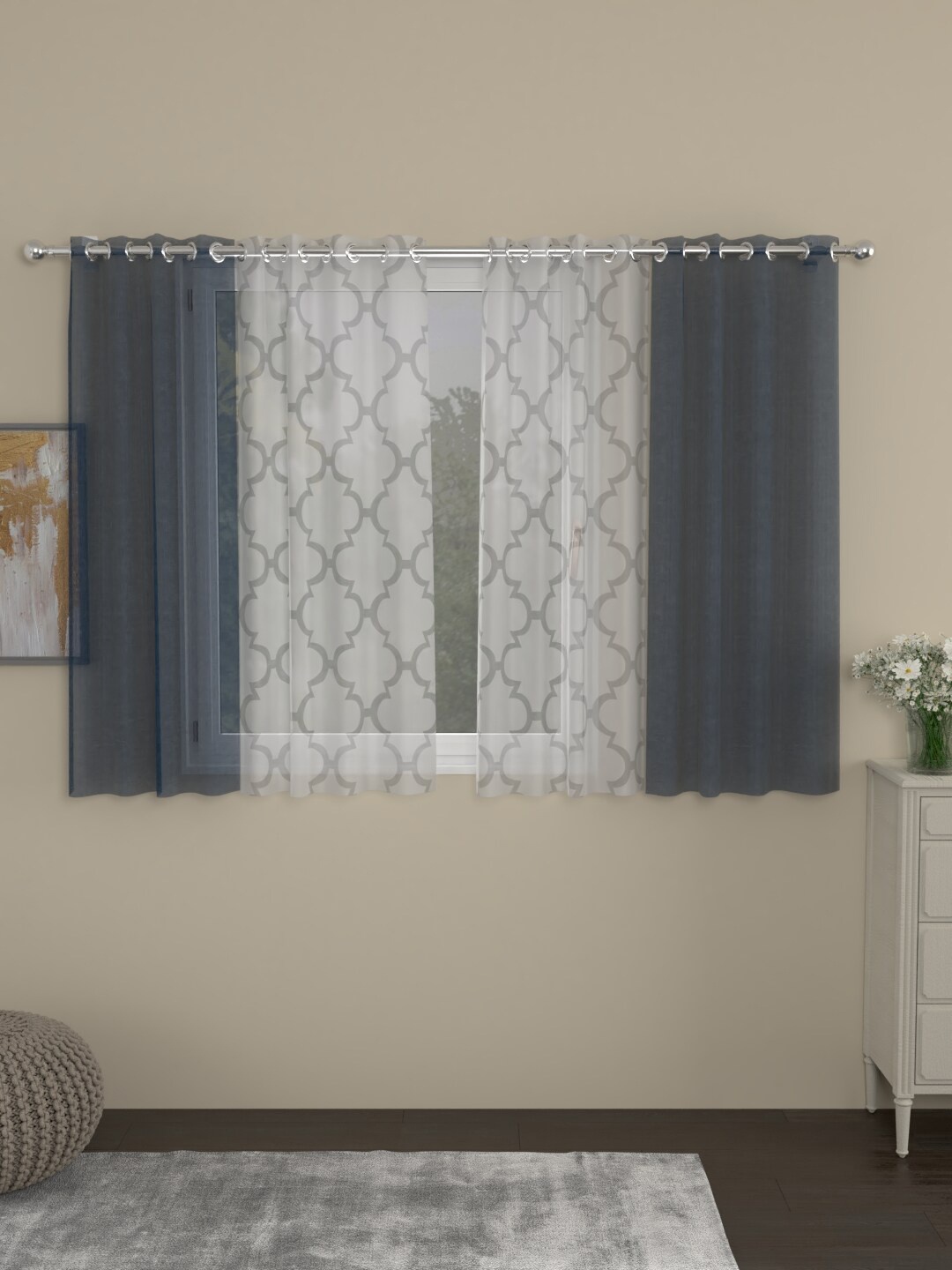 

ROSARA HOME Pack Of 4 Navy Blue & Grey Geometric Sheer Window Curtains