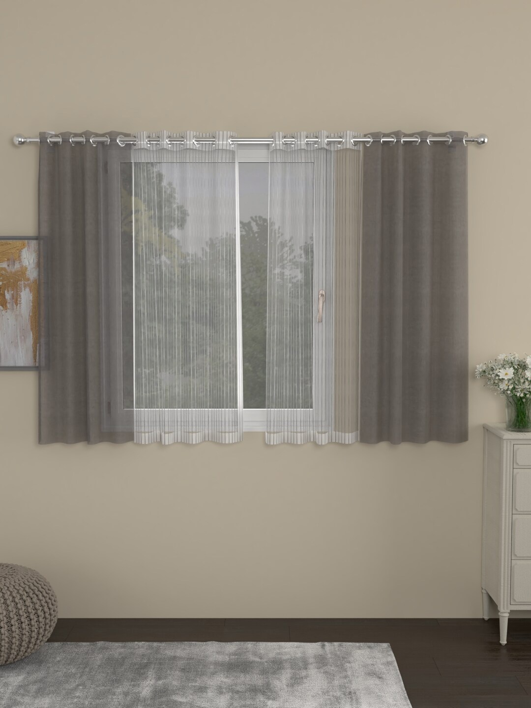 

ROSARA HOME Grey & White Striped Pack of 4 Sheer Window Curtains