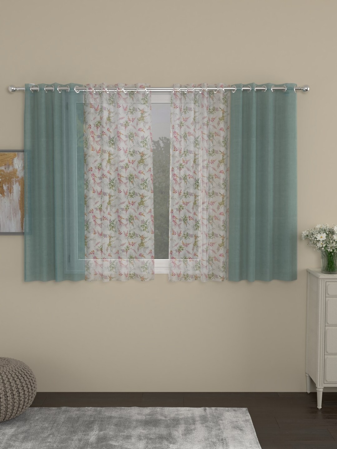 

ROSARA HOME Pack Of 4 Turquoise Blue & Grey Floral Sheer Window Curtains