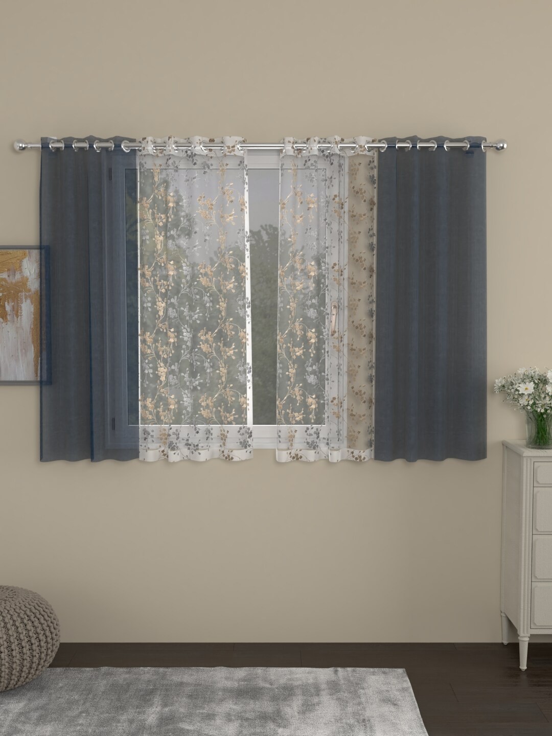 

ROSARA HOME Navy Blue & Gold-Toned Set of 4 Embroidered Sheer Window Curtain