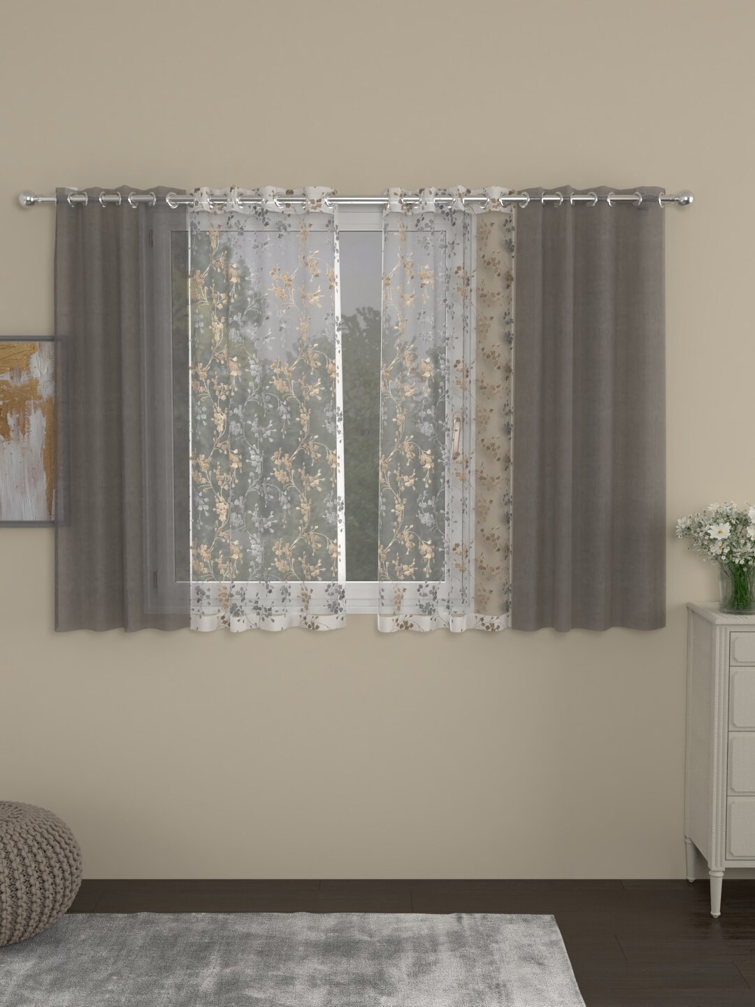 

ROSARA HOME Grey & White Set of 4 Embroidered Sheer Window Curtain