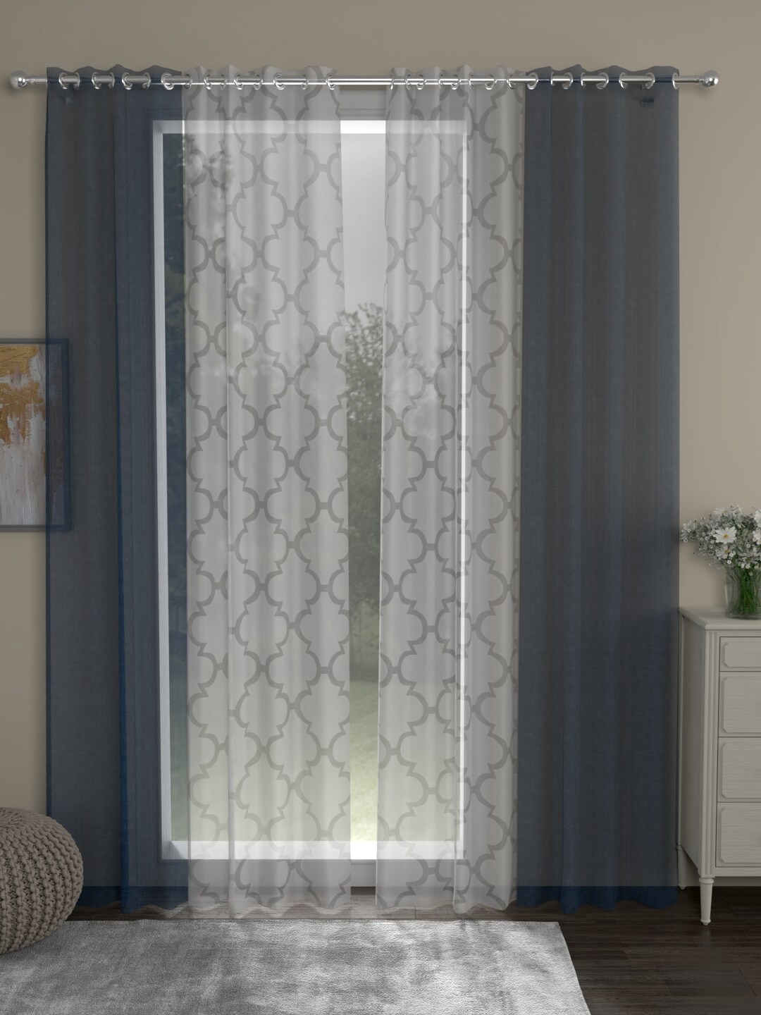 

ROSARA HOME Set Of 4 Navy Blue & White Geometric Sheer Long Door Curtain