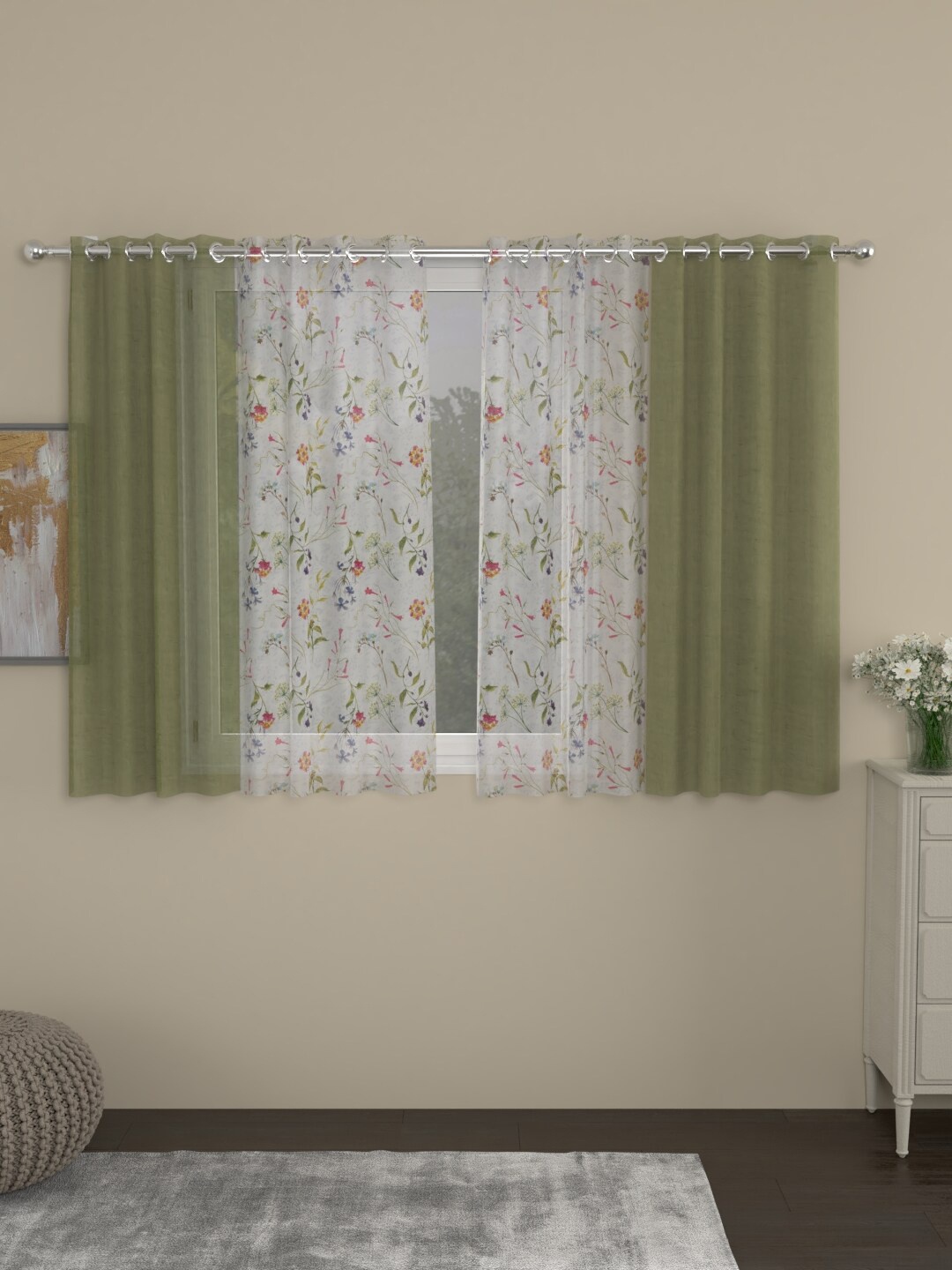 

ROSARA HOME Olive Green & White Set of 4 Floral Sheer Window Curtain