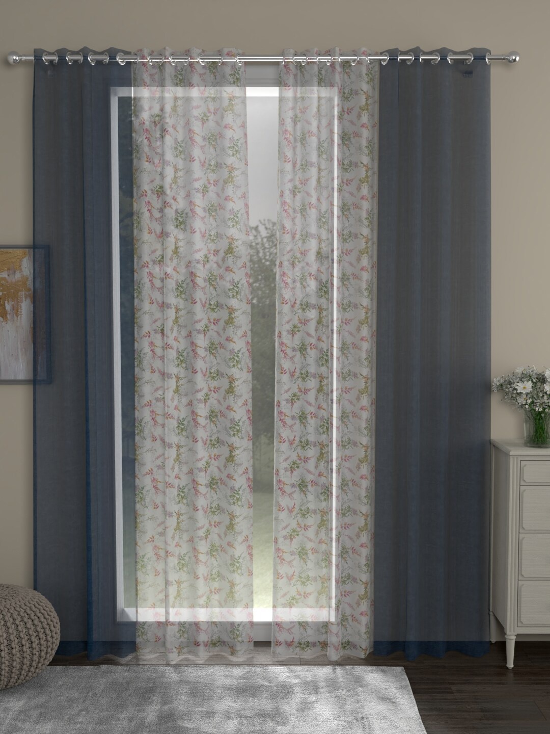 

ROSARA HOME Navy Blue & White Set of 4 Floral Sheer Door Curtain