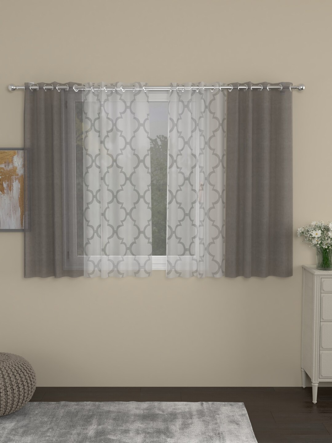 

ROSARA HOME Grey & White Set of 4 Solid & Geometric Sheer Window Curtains