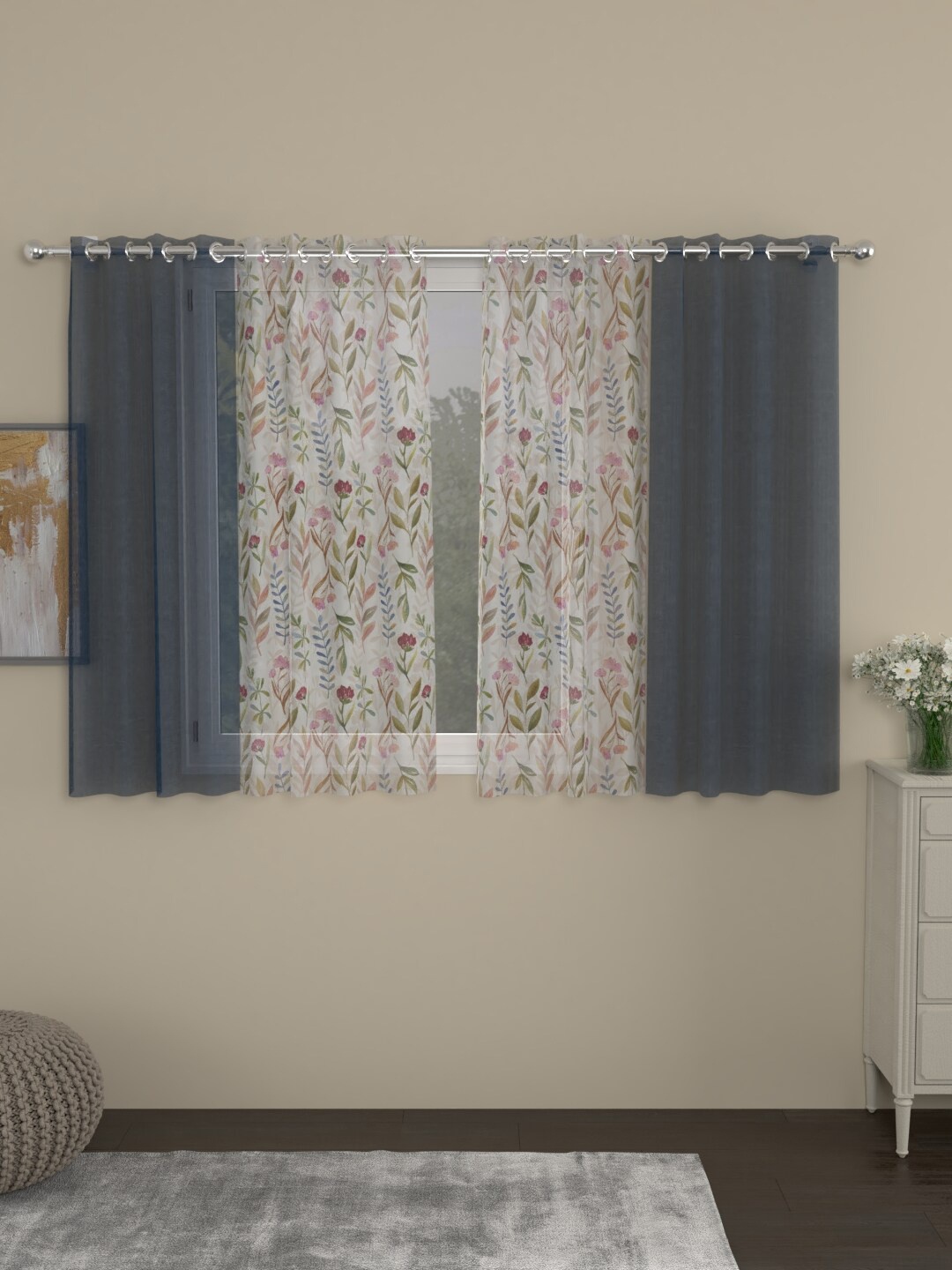 ROSARA HOME Navy Blue & White Set of 4 Floral Sheer Window Curtain