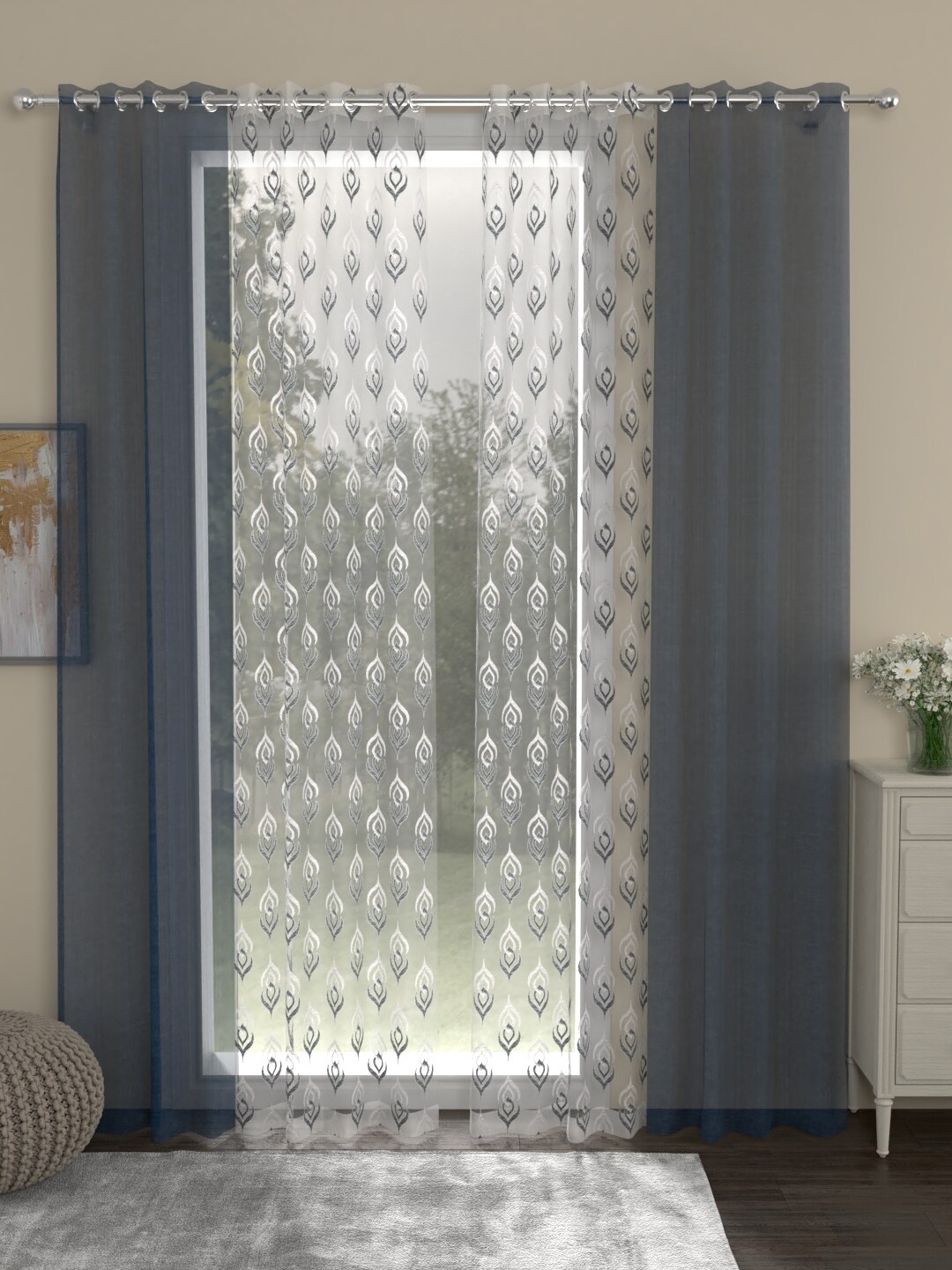 

ROSARA HOME Navy Blue & White Set of 4 Embroidered Sheer Long Door Curtain
