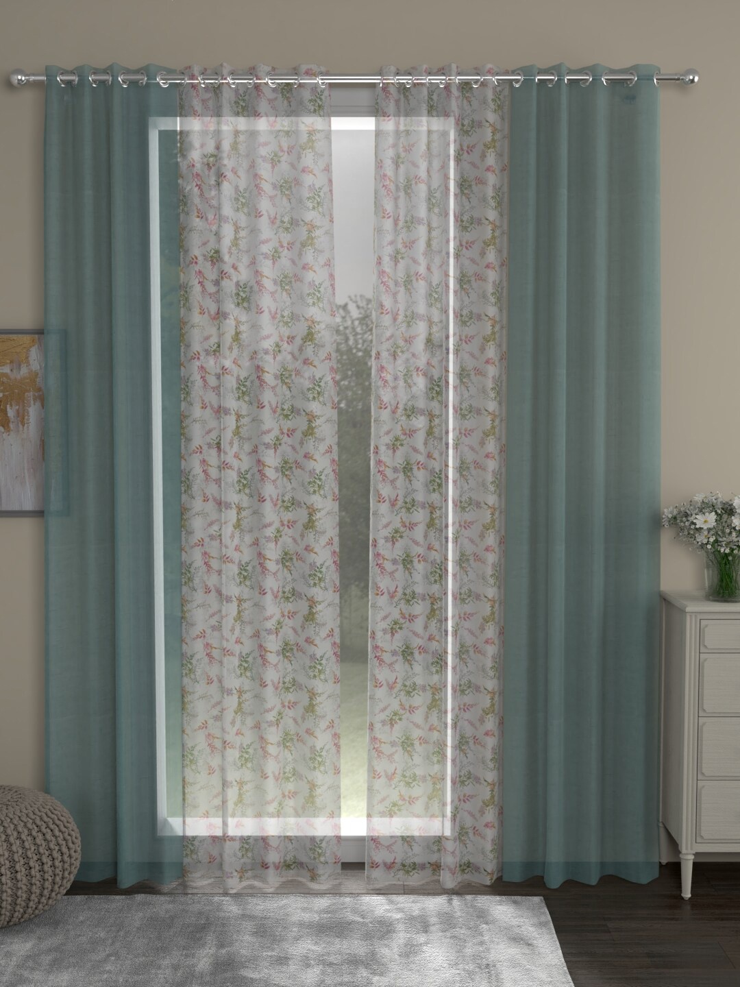 

ROSARA HOME Set of 4 Turquoise Blue & White Floral Sheer Door Curtain