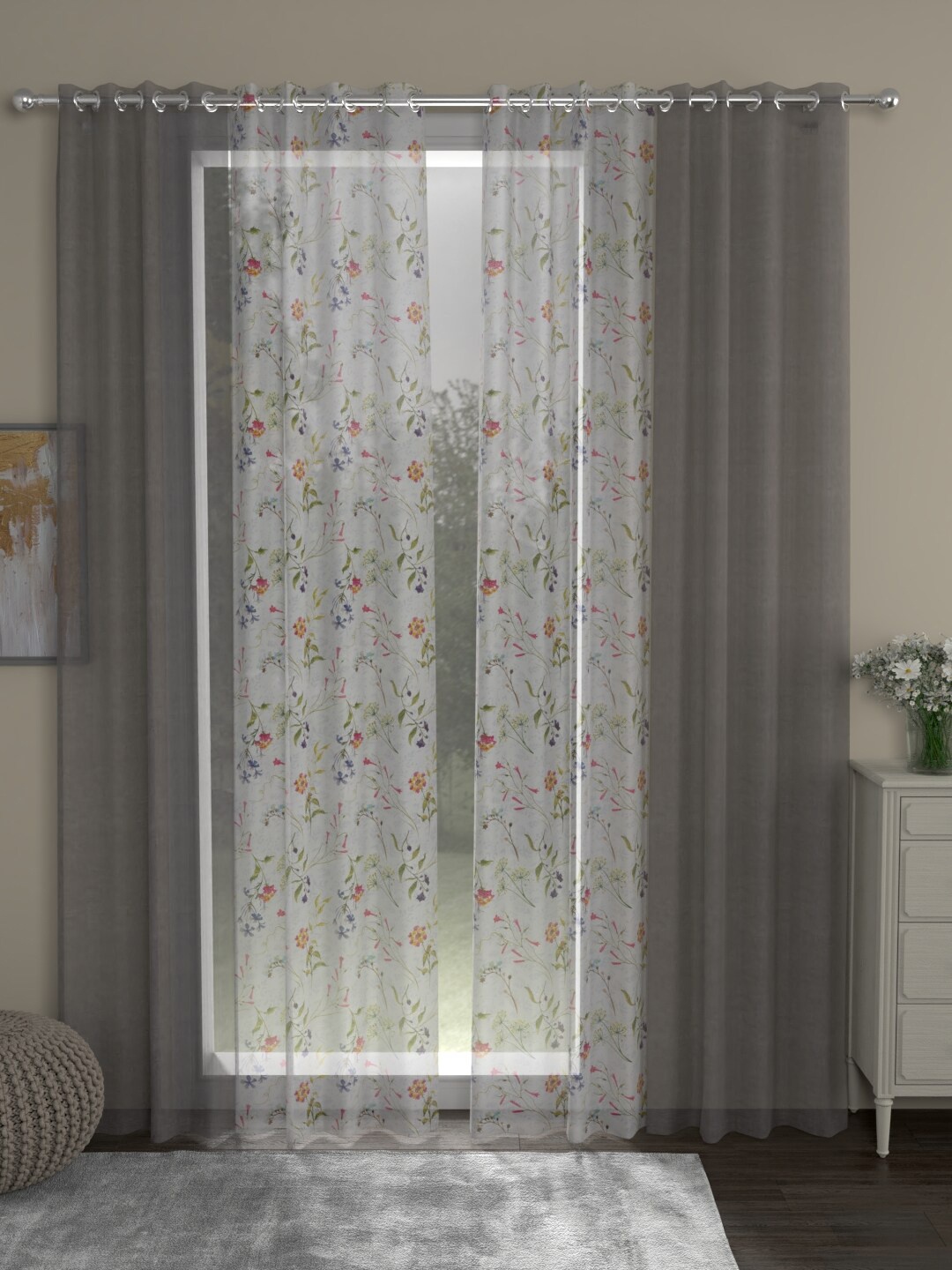 

ROSARA HOME Grey & White Set of 4 Floral Sheer Long Door Curtain