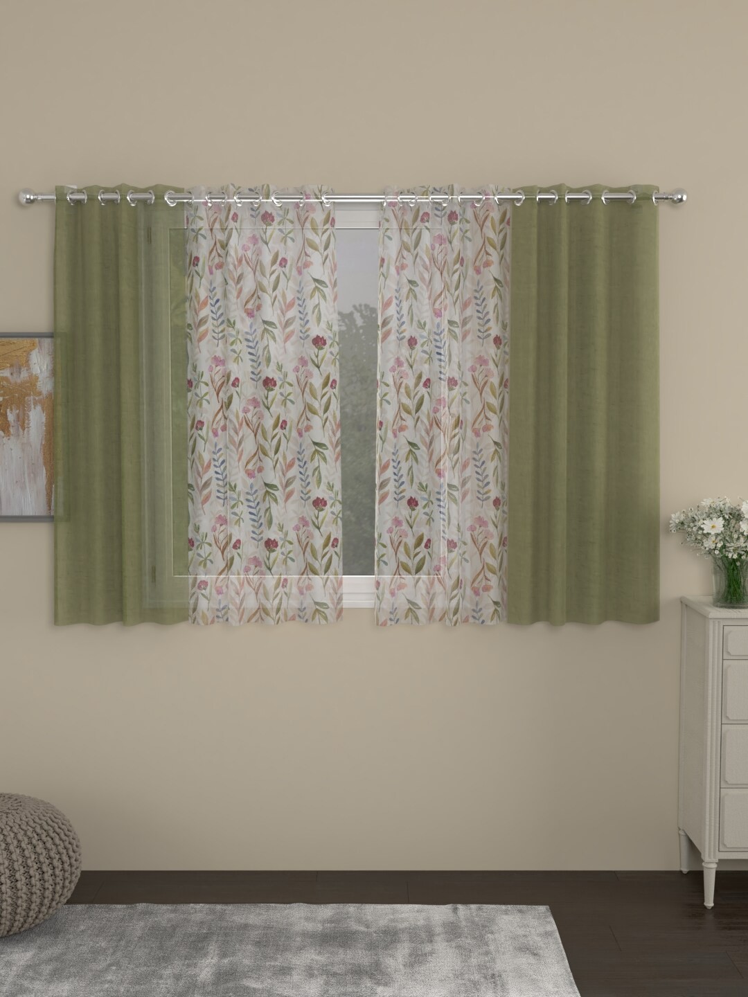 

ROSARA HOME Set of 4 Olive Green & Red Floral Sheer Window Curtain