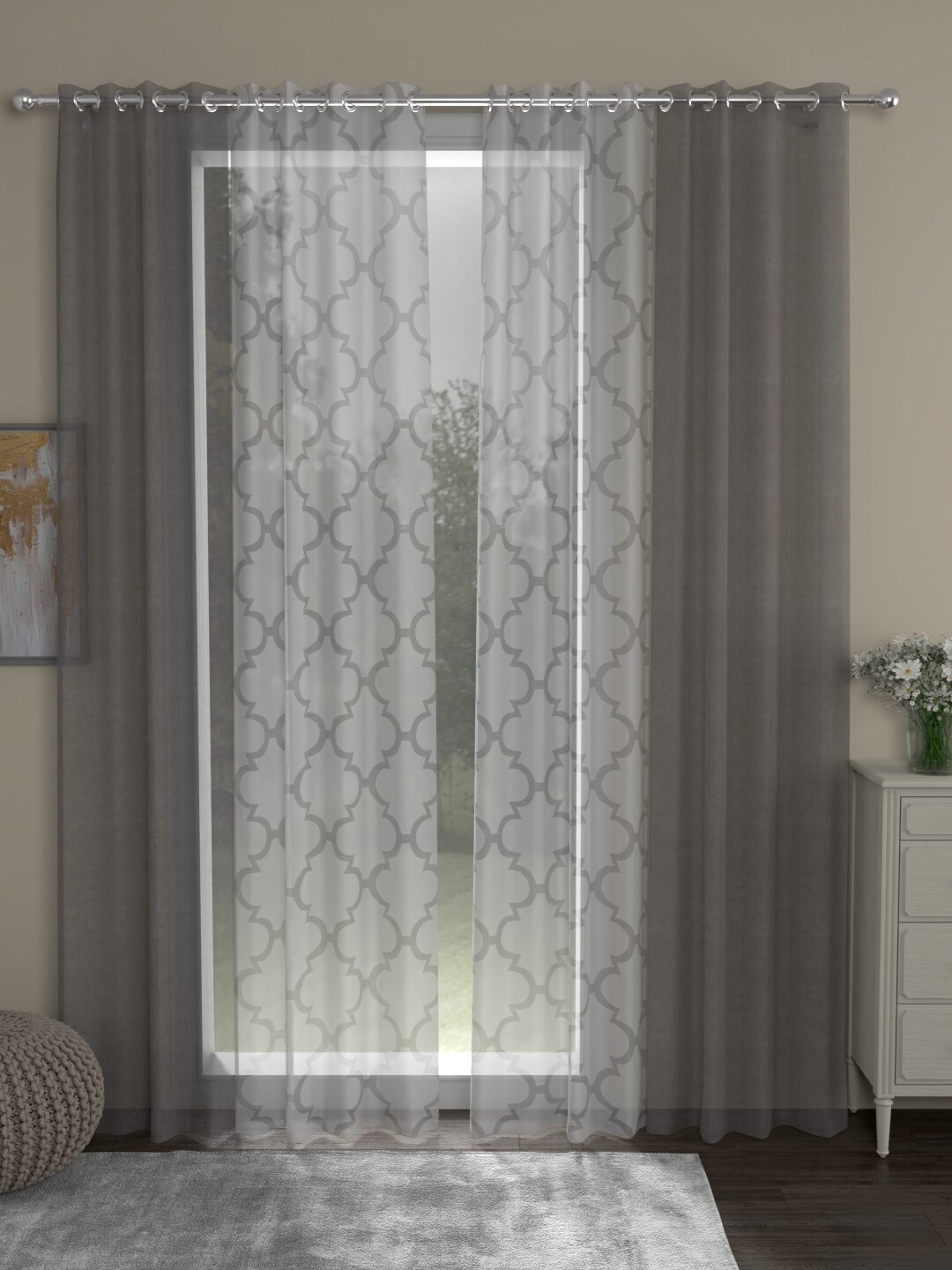 

ROSARA HOME Pack Of 4 Grey & White Geometric Sheer Door Curtains