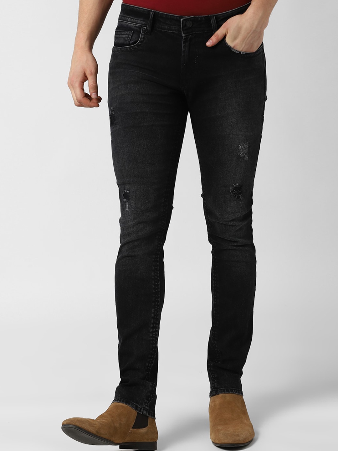

Peter England Casuals Men Black Slim Fit Low Distress Light Fade Jeans