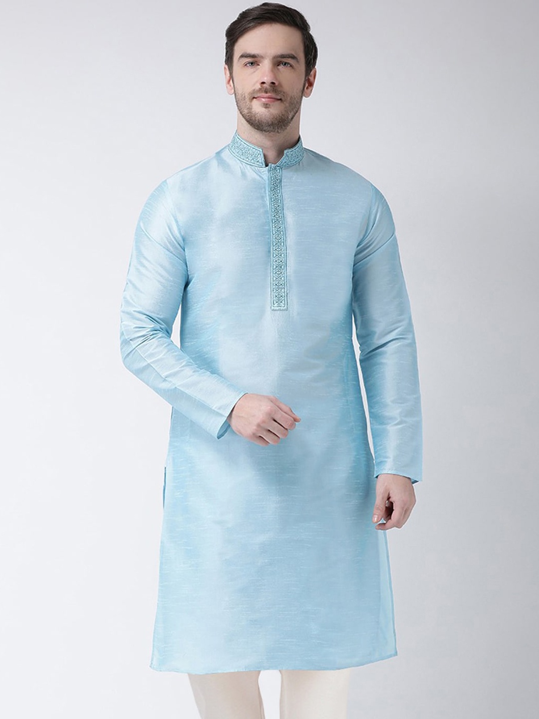 

SG LEMAN Men Turquoise Blue Raw Silk Kurta