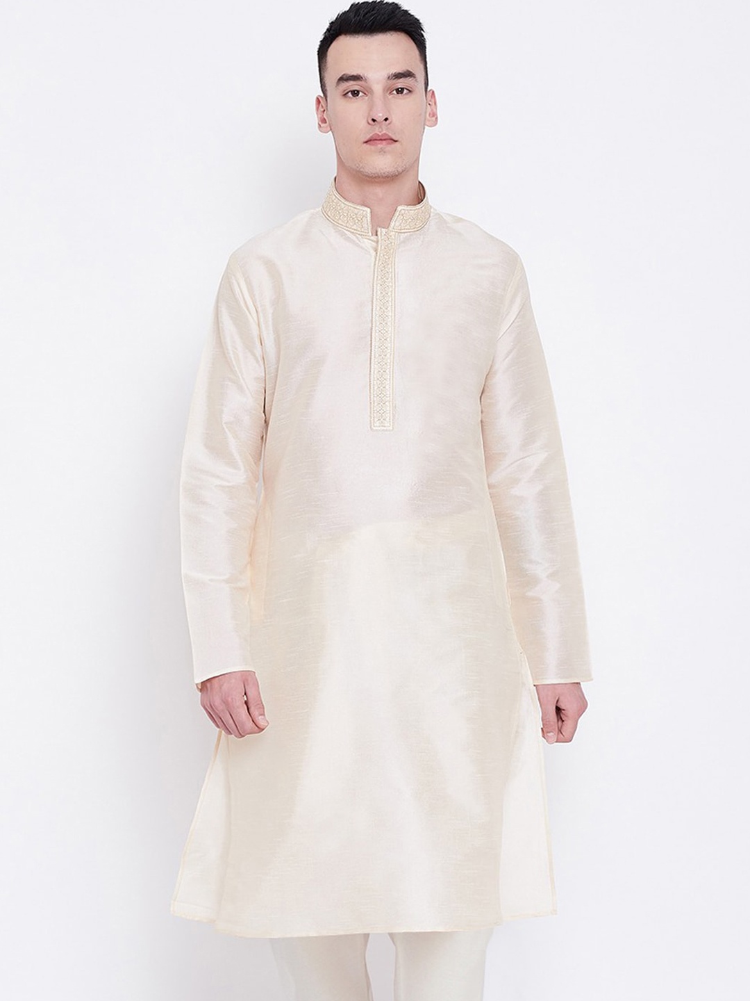 

SG LEMAN Men Cream-Coloured Thread Work Raw Silk Kurta