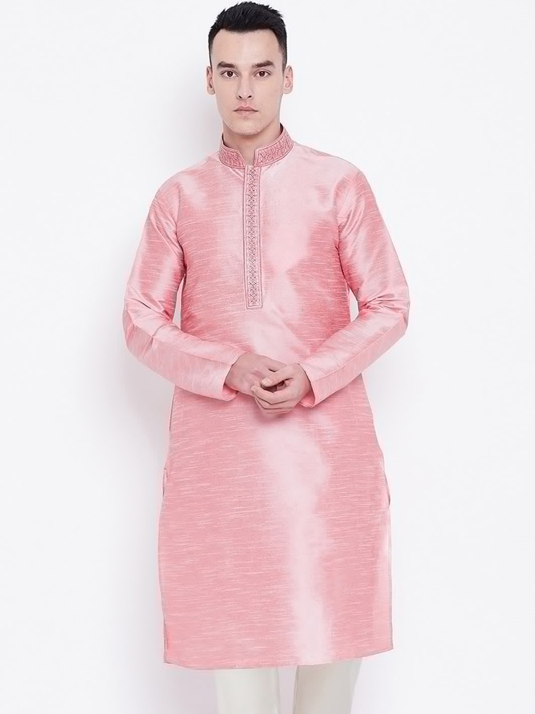 

SG LEMAN Men Peach-Coloured Thread Work Raw Silk Raw Silk Kurta