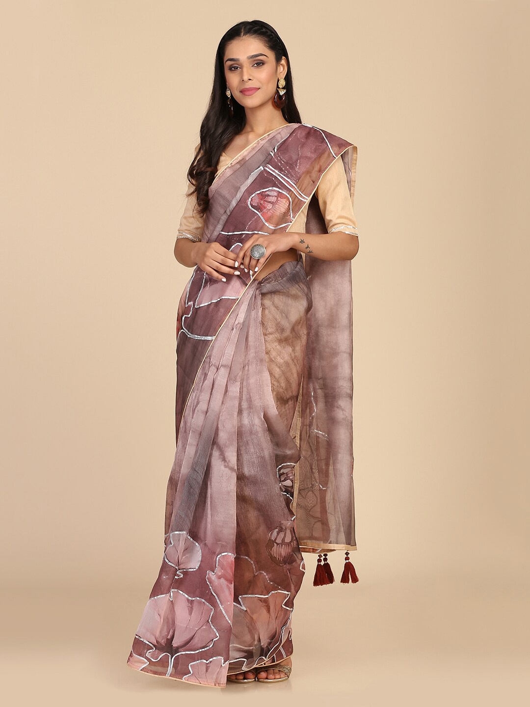 

Shaily Brown Floral Printed Gotta Patti Organza Saree