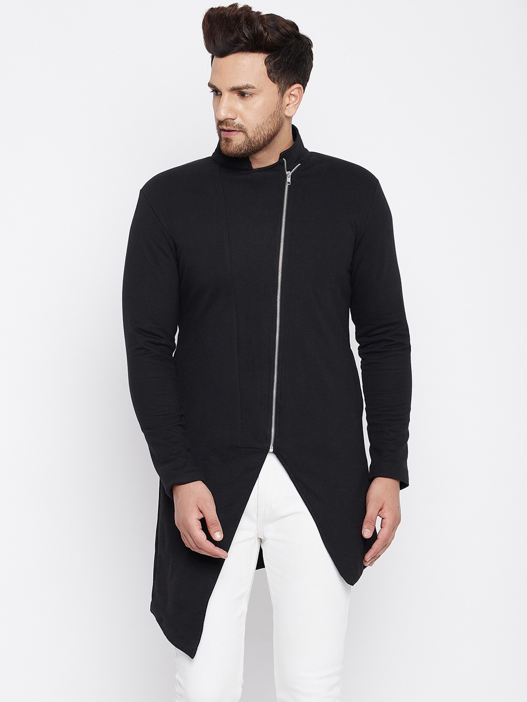 

CHILL WINSTON Men Black Asymmetric Closure Longline Tailored Jacket