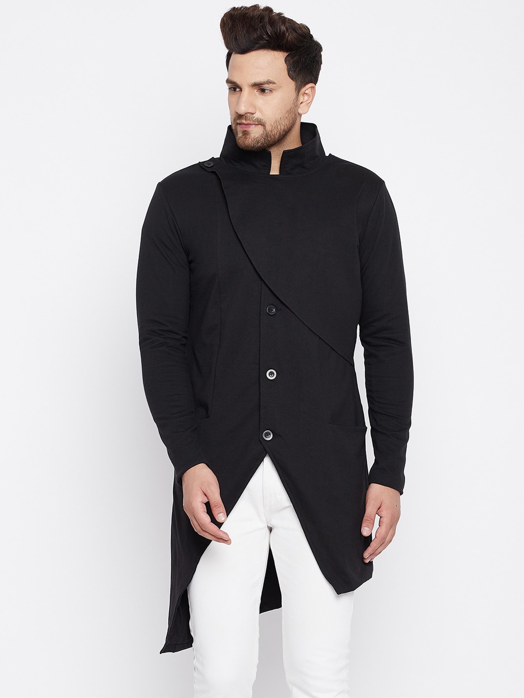 

CHILL WINSTON Men Black Solid Mandarin Collar Longline Tailored Jacket