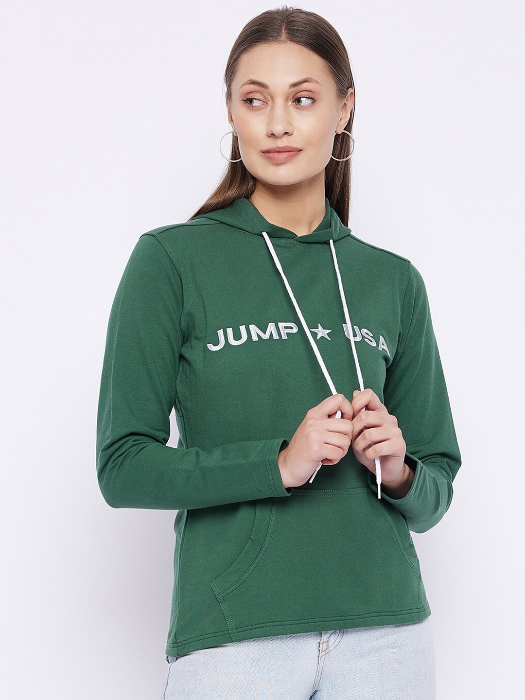 

JUMP USA Women Green Hooded Pullover Sweatshirt