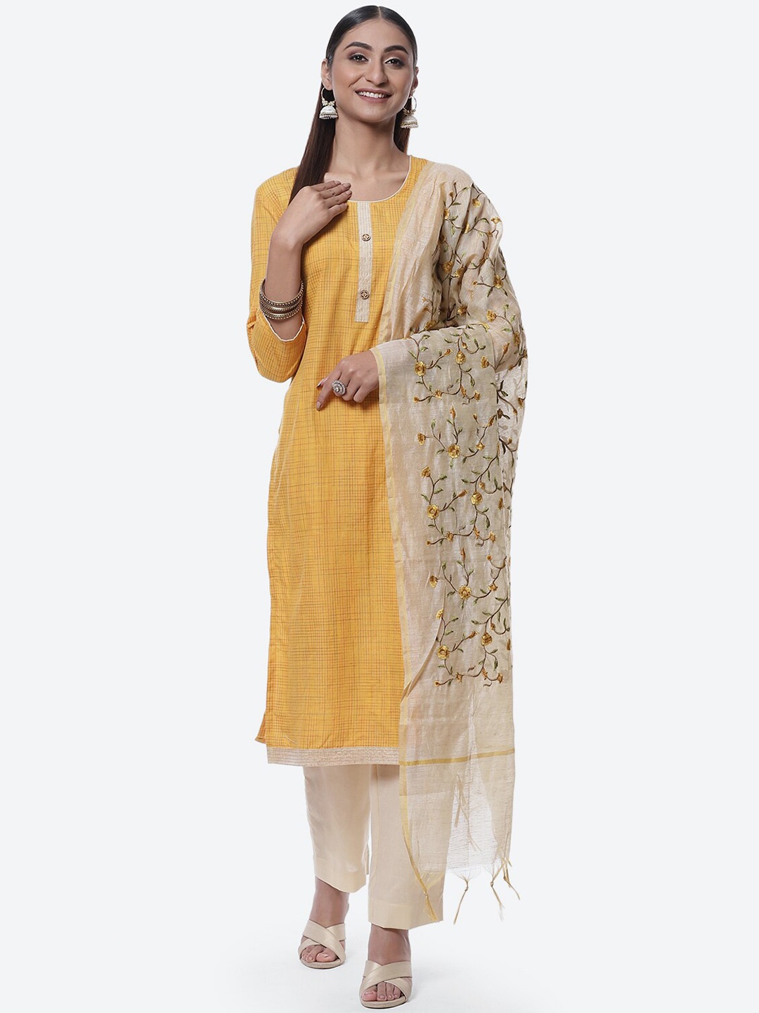 

Biba Yellow & Cream-Coloured Embroidered Pure Cotton Unstitched Dress Material