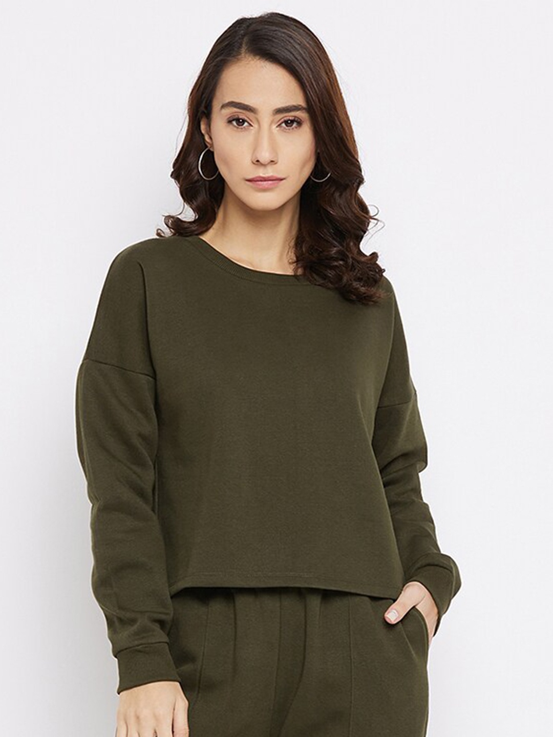 

Nun Women Olive Green Solid Sweatshirt