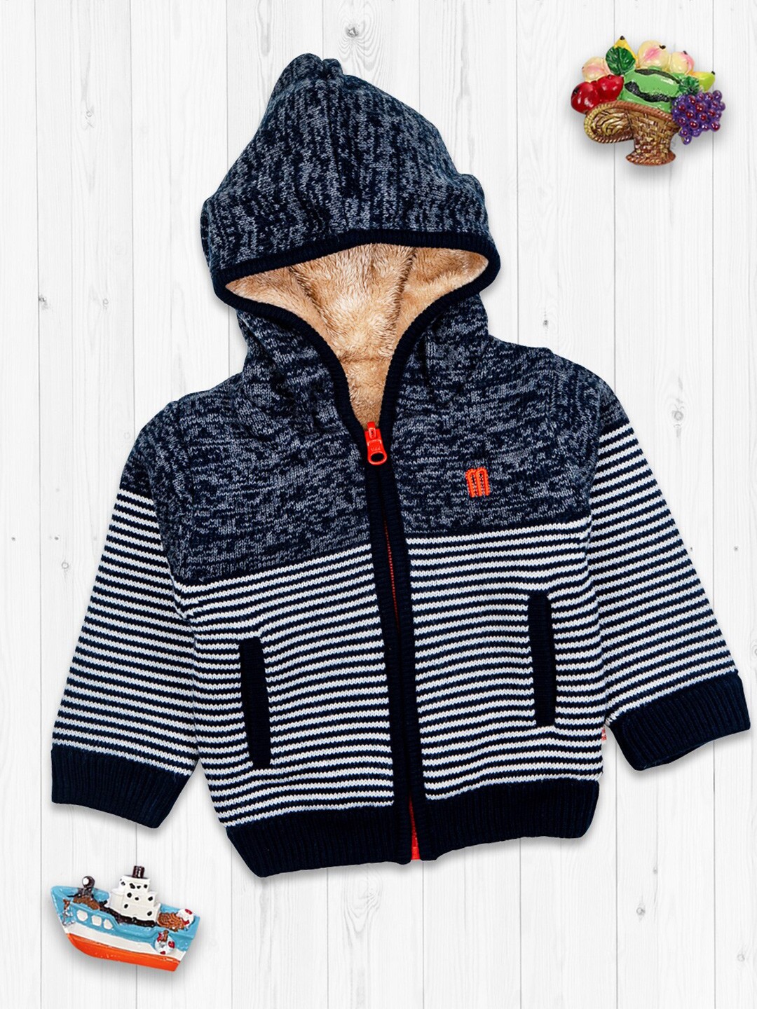 

MeeMee Boys Navy Blue Self Design Hooded Cardigan