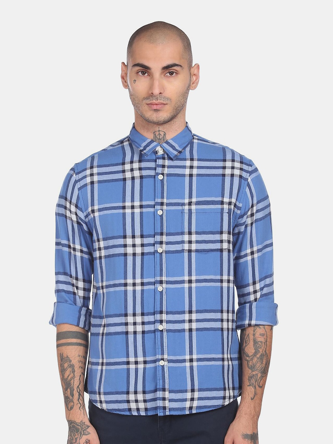 

Ruggers Men Blue Tartan Checks Checked Casual Shirt