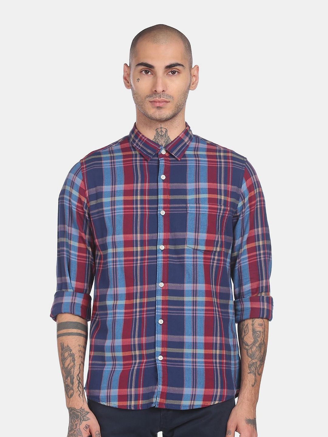 

Ruggers Men Red Tartan Checks Checked Pure Cotton Casual Shirt