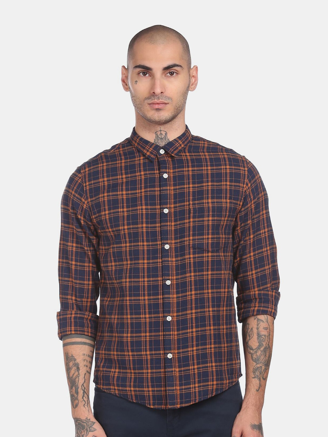 

Ruggers Men Blue Tartan Checks Checked Casual Shirt