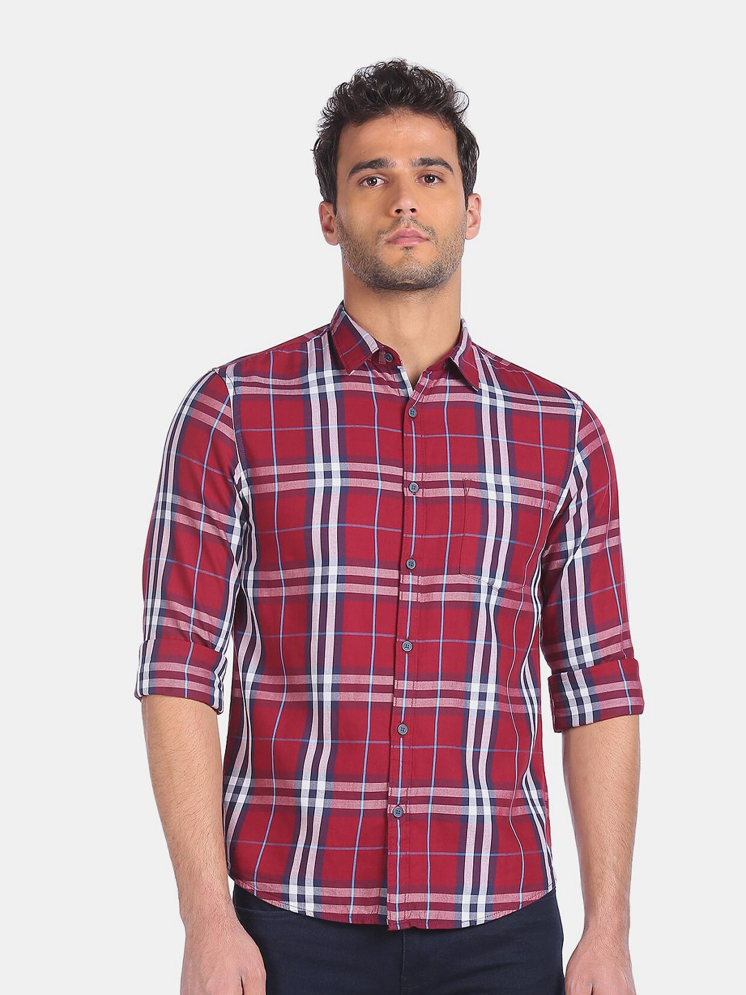 

Ruggers Men Red Tartan Checks Checked Pure Cotton Casual Shirt