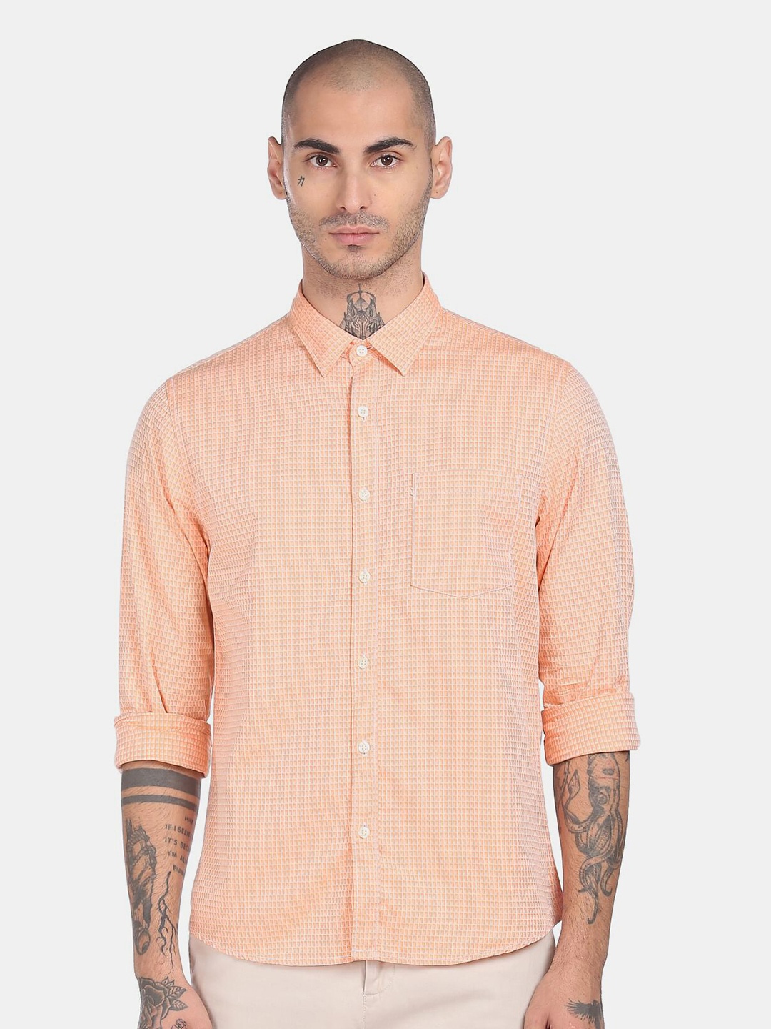 

Ruggers Men Orange Micro Checks Pure Cotton Casual Shirt