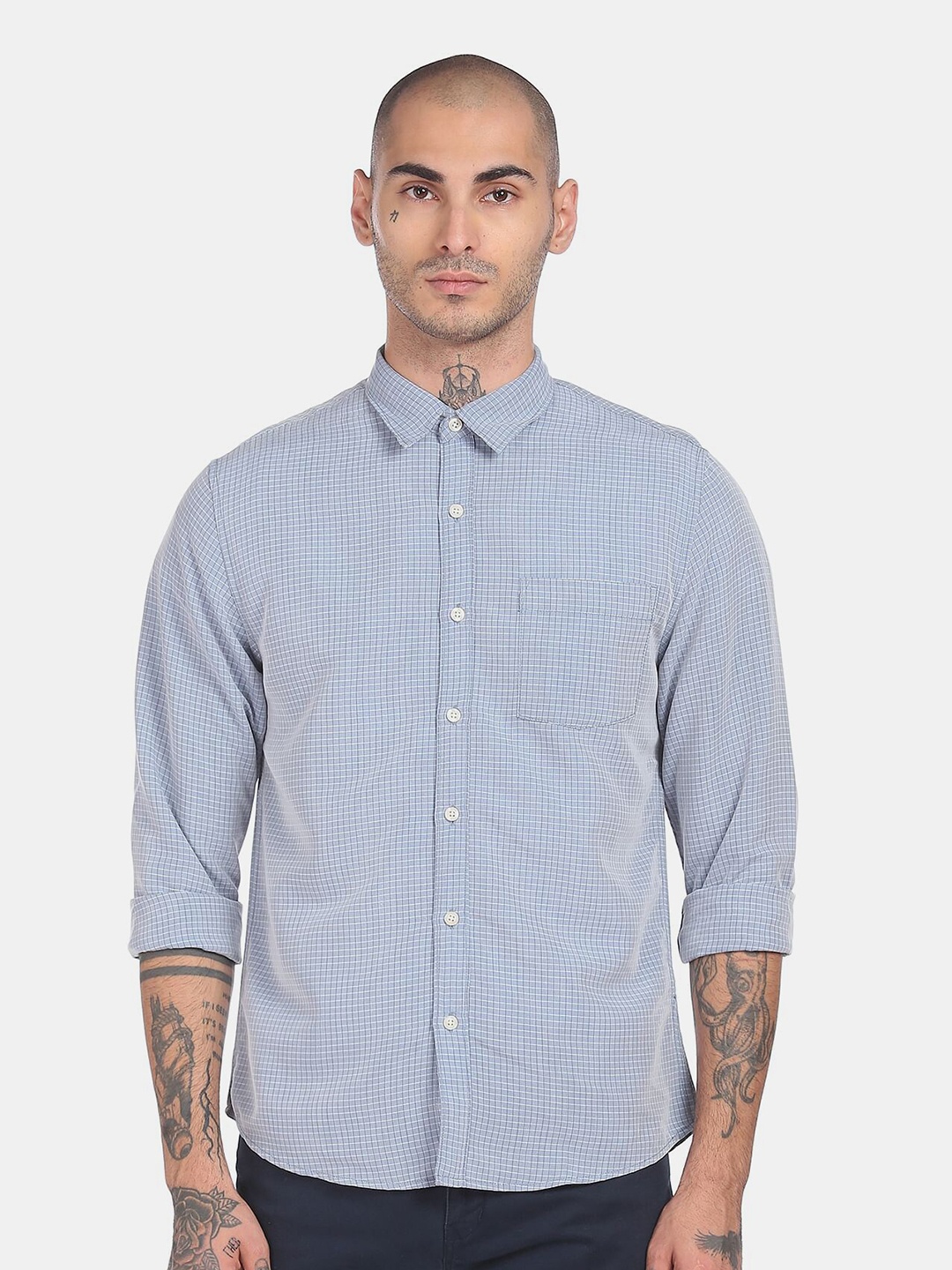 

Ruggers Men Blue Grid Tattersall Checks Checked Cotton Casual Shirt