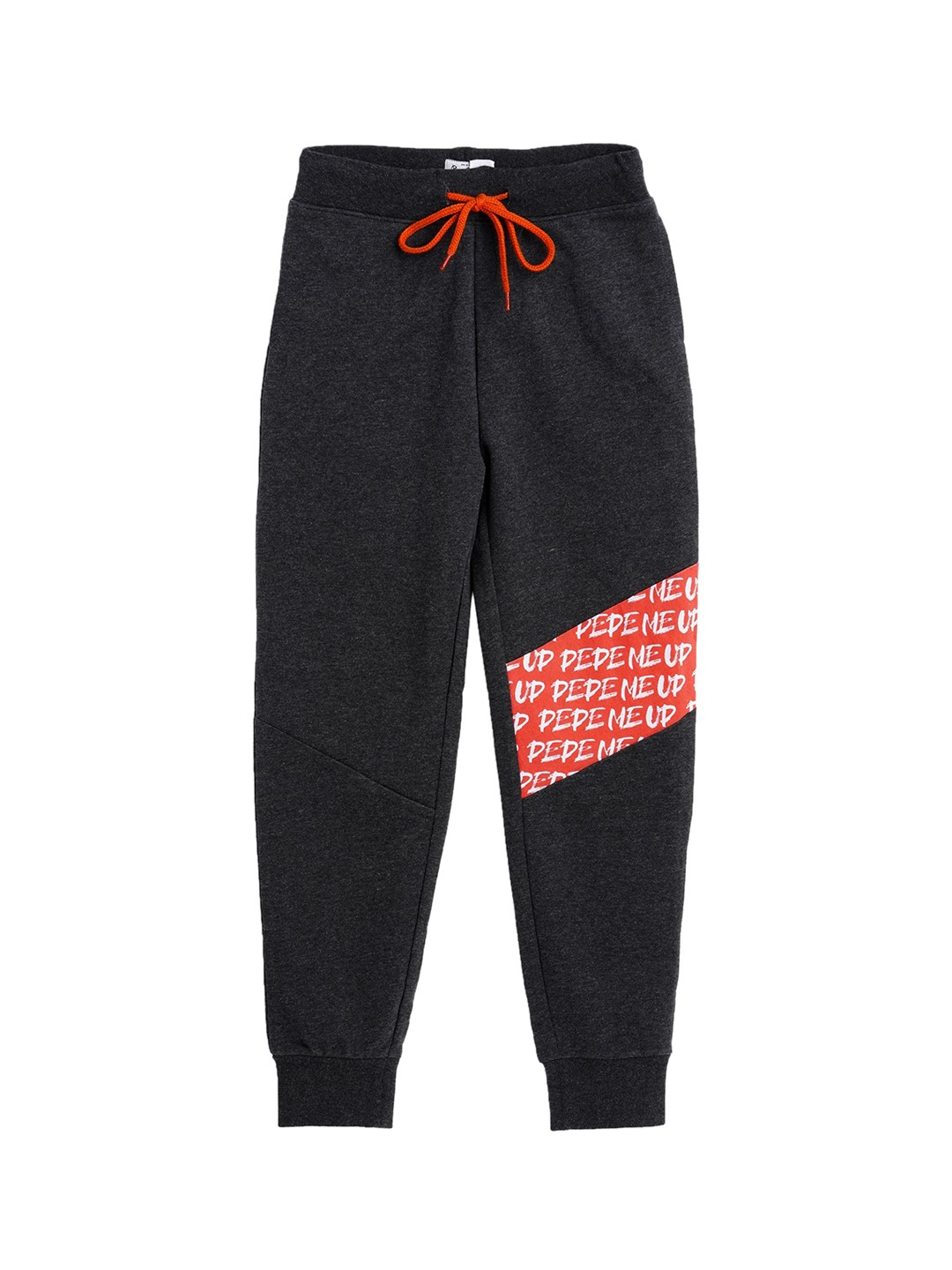 

Pepe Jeans Boys Charcoal Grey Solid Pure Cotton Joggers With Printed Detail