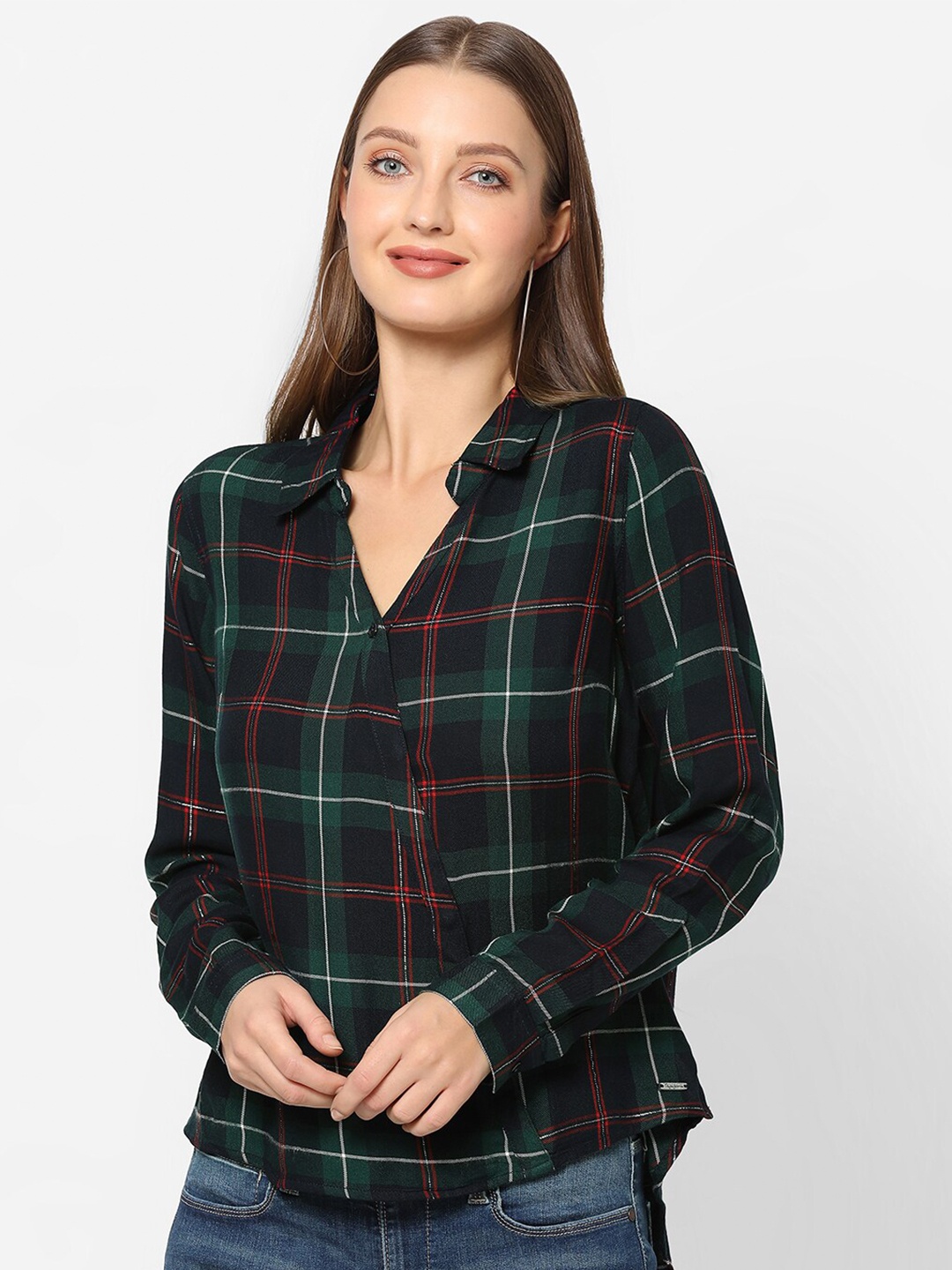 

Pepe Jeans Women Olive Green Tartan Checks Checked Casual Shirt
