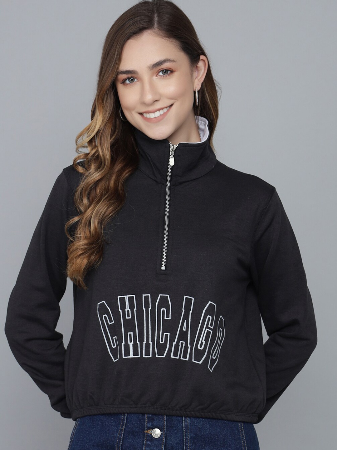 

Kotty Women Black Printed Mock Collar Sweatshirt