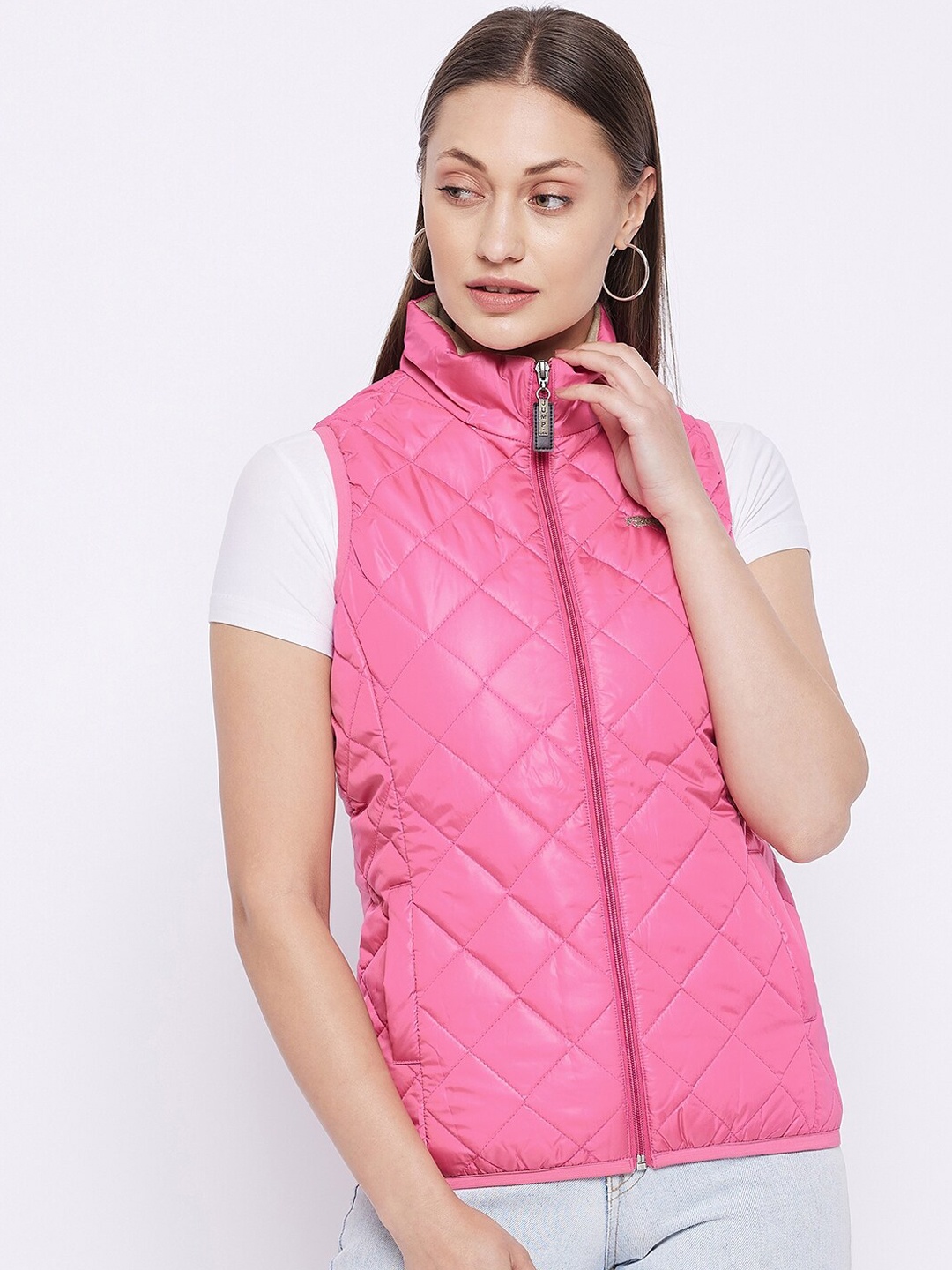 

JUMP USA Women Pink Solid Mock Collar Quilted Jacket