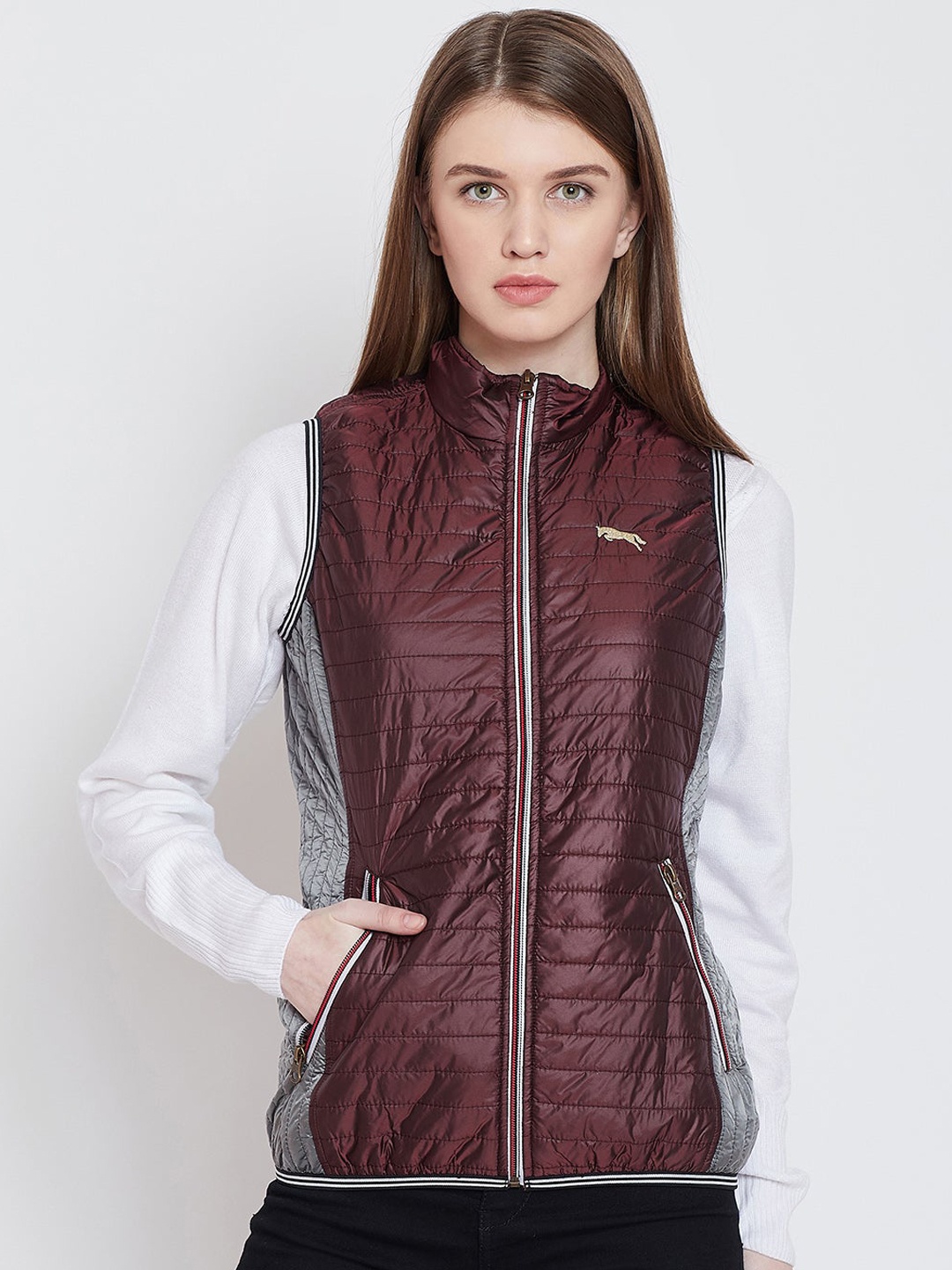 

JUMP USA Women Maroon & Grey Colourblocked Quilted Jacket