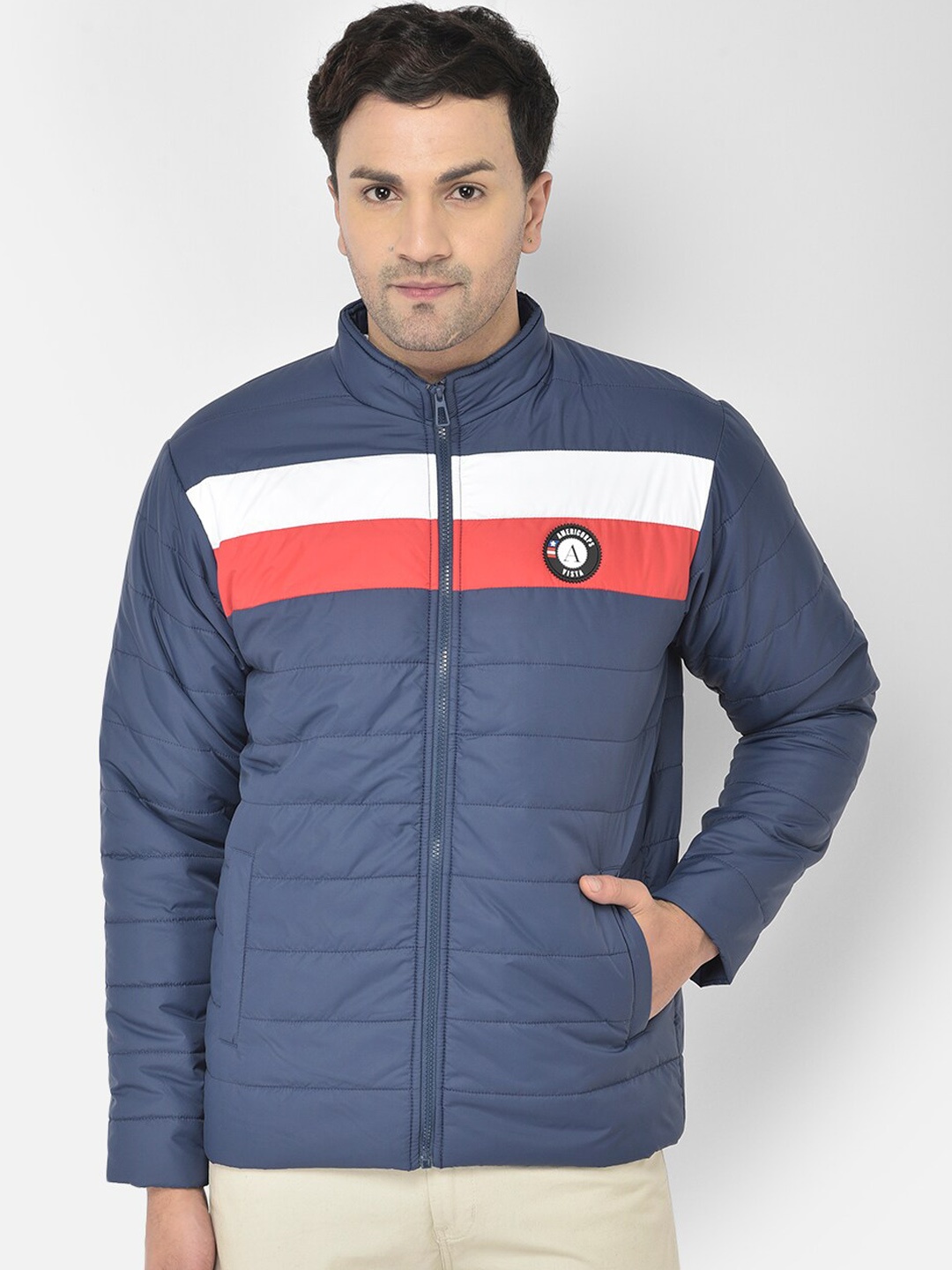 

COBB Men Navy Blue Red Striped Lightweight Puffer Jacket